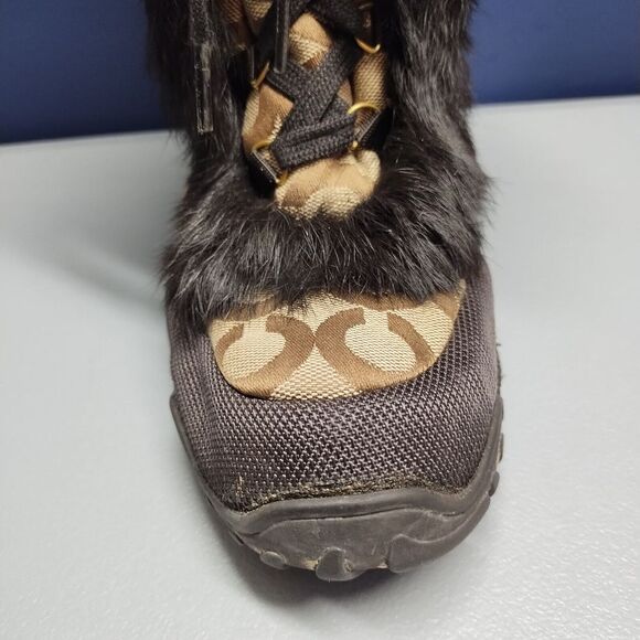 Coach Jennie Signature Winter Boots Womens Sz 9.5 Brown Black Rabbit Fur Lace Up - Picture 4 of 15